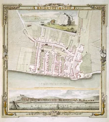Mapa Brightonu od Thomase Yeakella a Williama Gardnera, vyryl Whitchurch, 1779 (barevná rytina)
